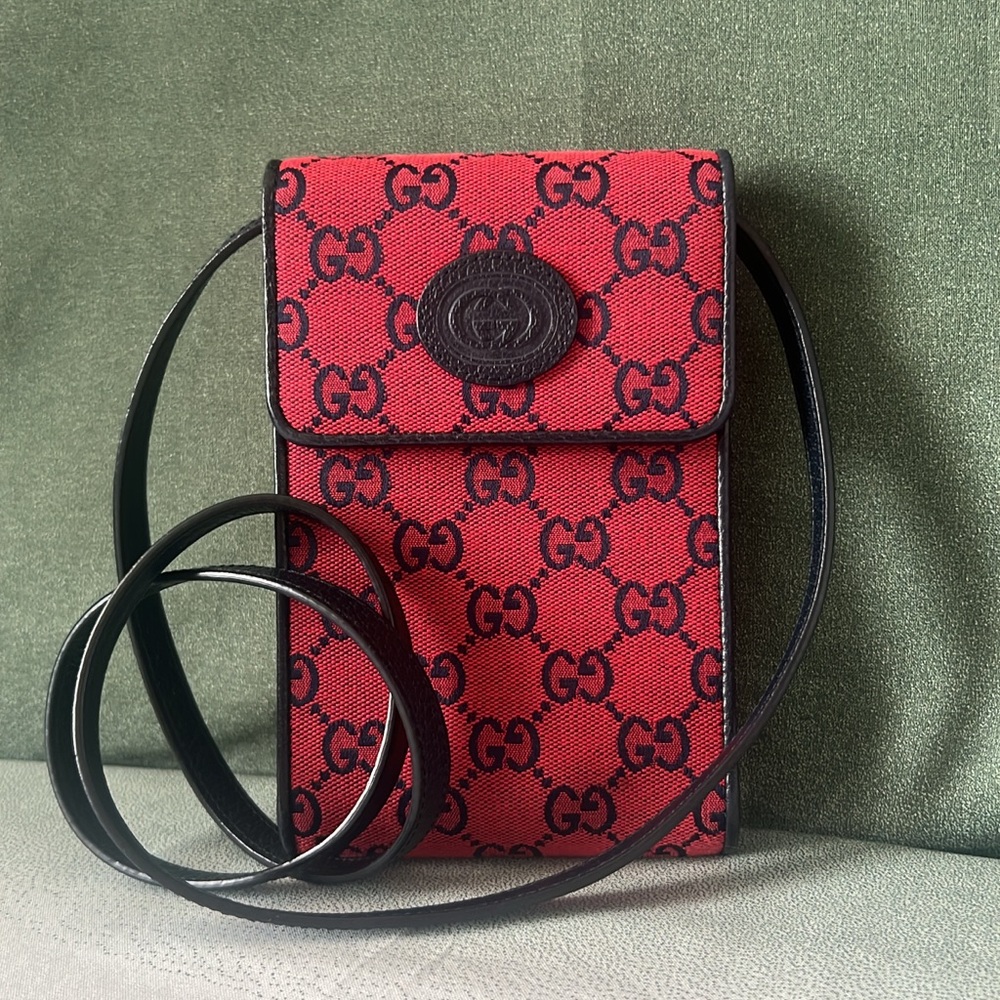 Gucci Gg Monogram Phone Flap Mini Crossbody Bag Navy Red Limited Edition